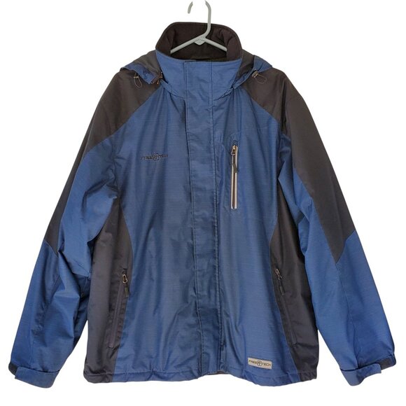 FREE TECH Hooded Jacket Coat Men's L Blue Quilt Lining Full Zip Placket Pocket - Picture 1 of 12